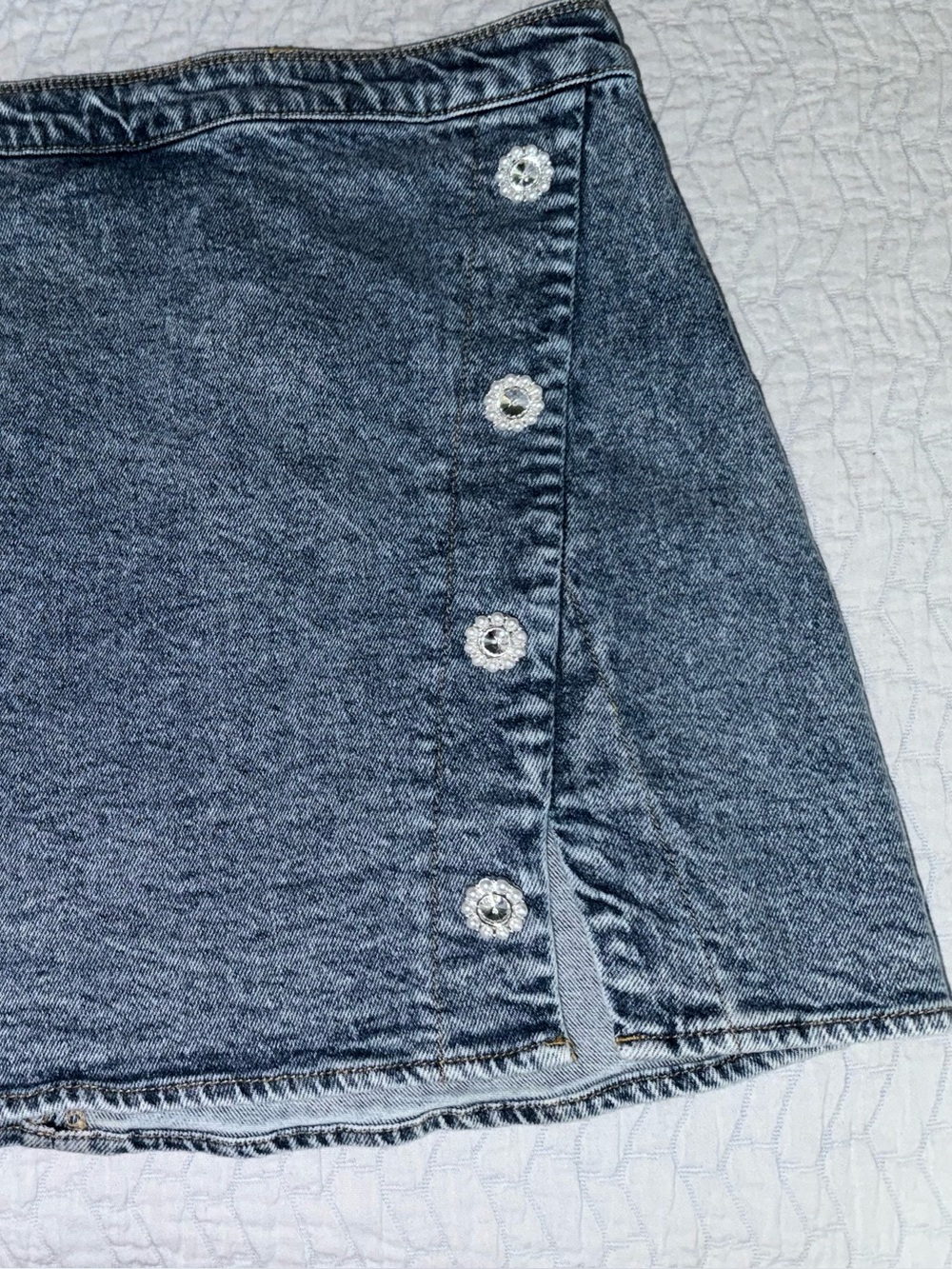 Gianni Bini Blue Denim Skirt with Gold Zipper and bling buttons